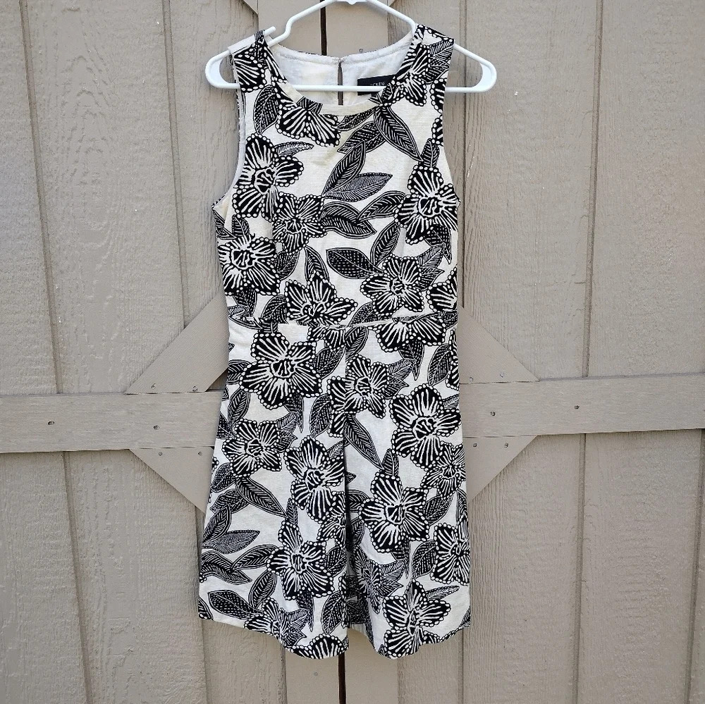 J Crew Cream Beige Black Polynesian Floral Print Fit &  FlateCutout Back Dress 4